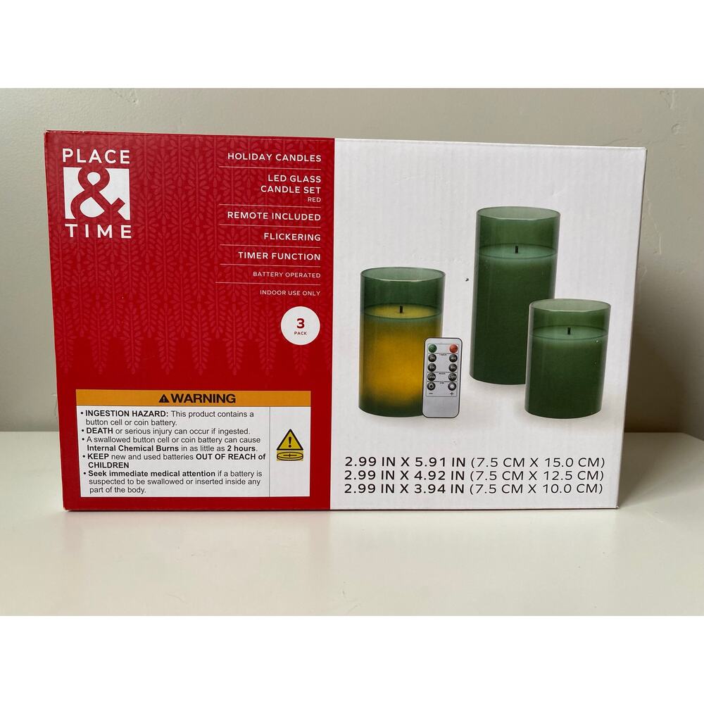 Place & Time 3 Pack Holiday Candles LED Glass Candle Set with Remote- Green